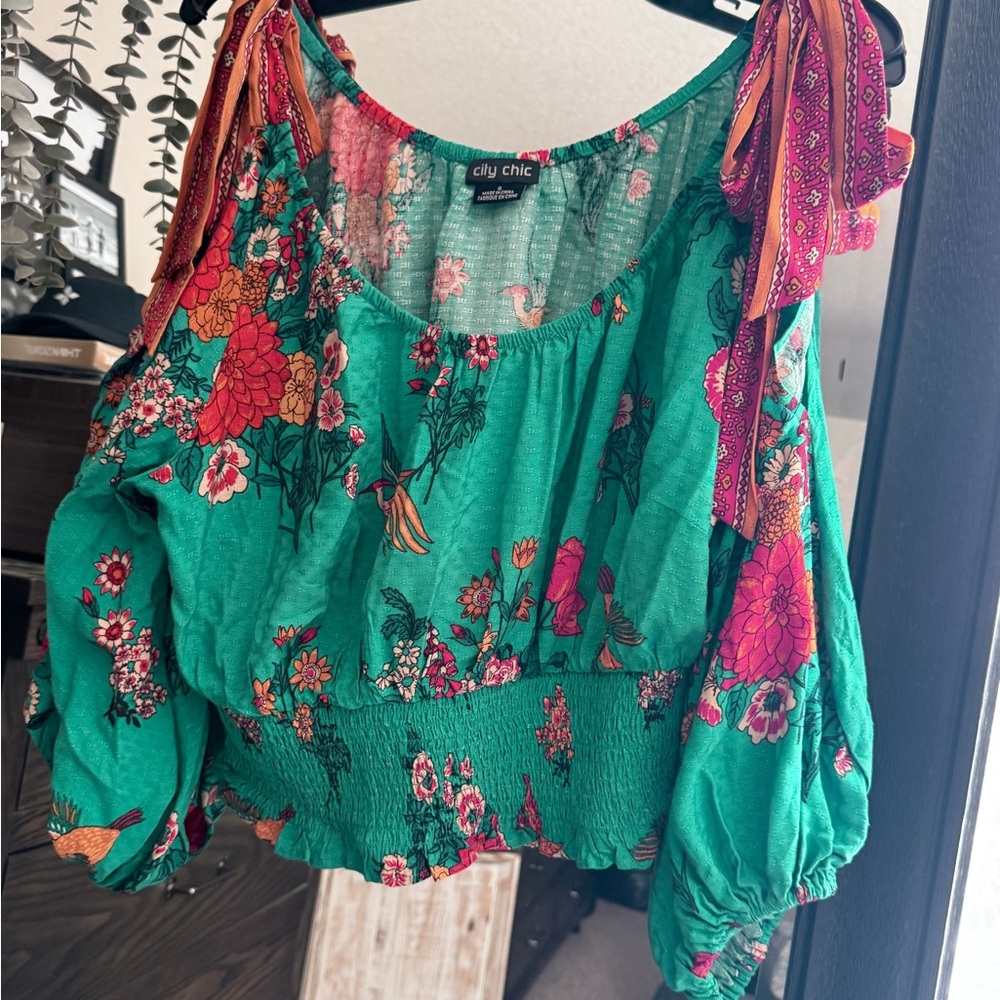 City Chic Teal and Pink Floral Blouse